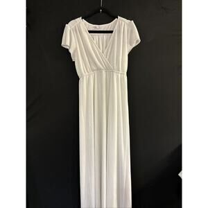Baltic Born Women's Maxi Dress Size M Shimmery Pearl White Short Sleeve V Neck